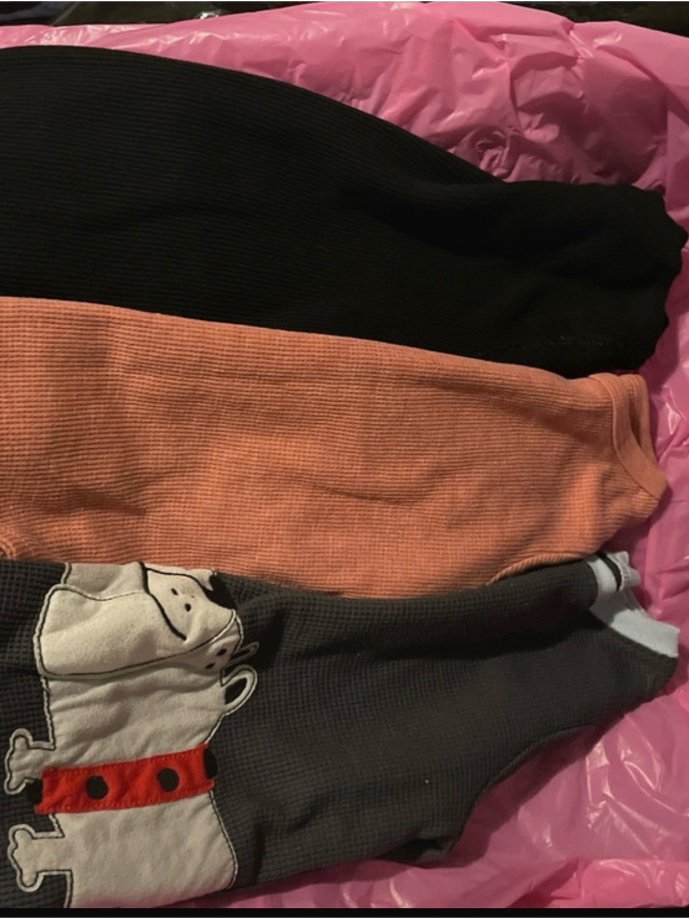 3 Kids Long Sleeve Thermal Tops - Black, Peach, Charcoal with Dog Graphic
